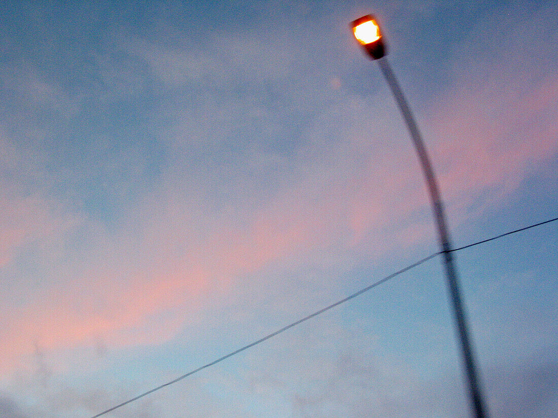 Cloud, Clouds, Color, Colour, Concept, Concepts, Detail, Details, Dusk, Electricity, Energy, Ephemeral, Exterior, Horizontal, Lit, Low angle view, One, Outdoor, Outdoors, Outside, Pink, Power, Skies, Sky, Street lamp, Street lamps, Twilight, Urban, View f