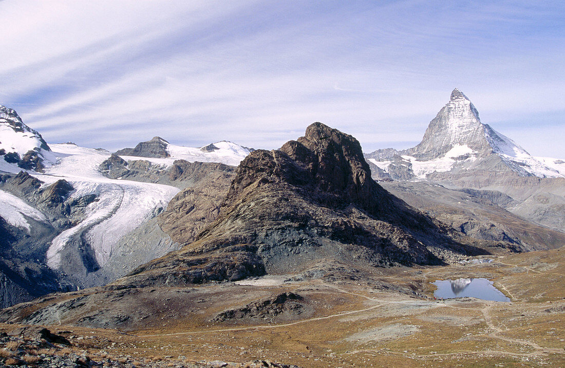 Matterhorn (4478), Riffelhorn (2927m) and Riffel Lake. View from Rotenboden. Valais. Switzerland.
