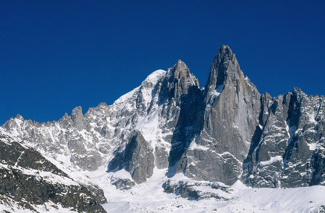 Aiguille des Drus (3754 m.) in winter. Alps, Haute Savoie. Chamonix, France