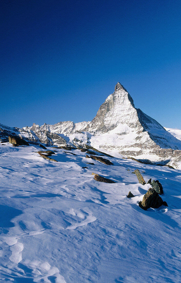 Matterhorn (4478 m.), Alps in the morning from Gornergrat in winter. Valais, Switzerland