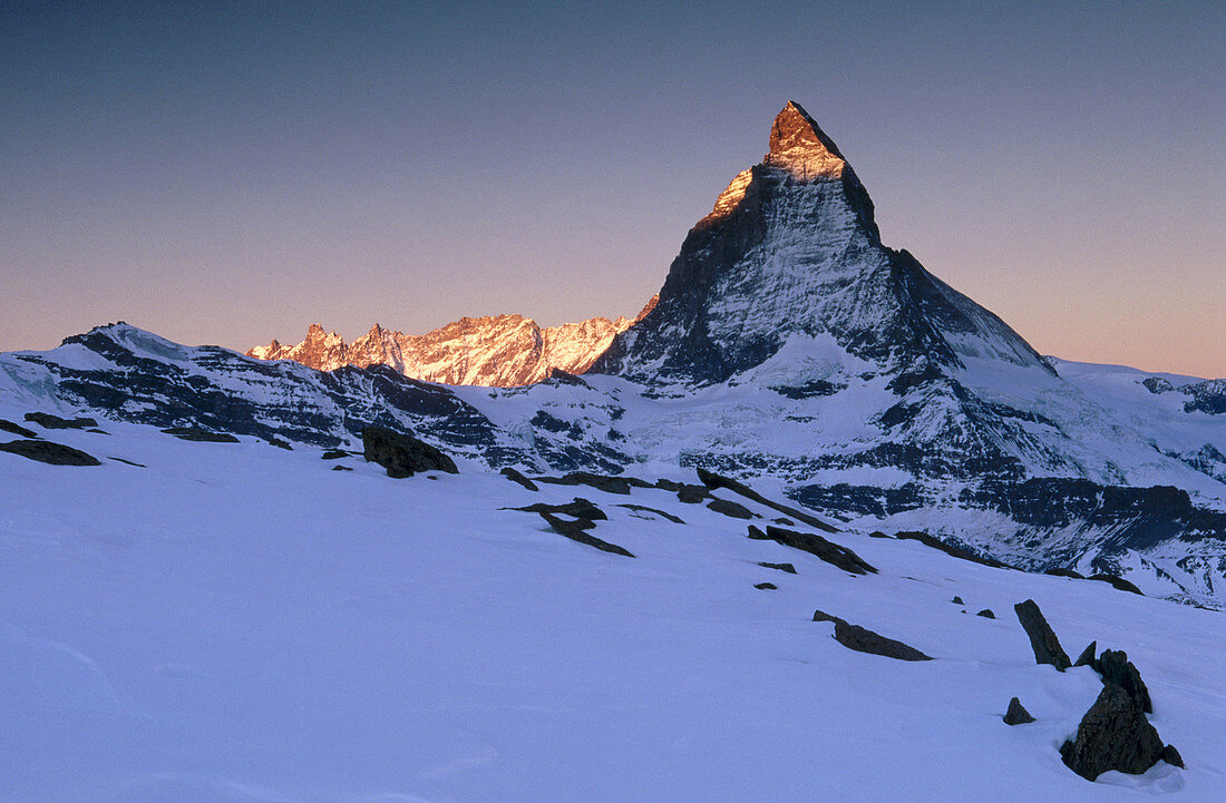 Matterhorn (4478 m.), Alps in the morning from Gornergrat in winter. Valais, Switzerland