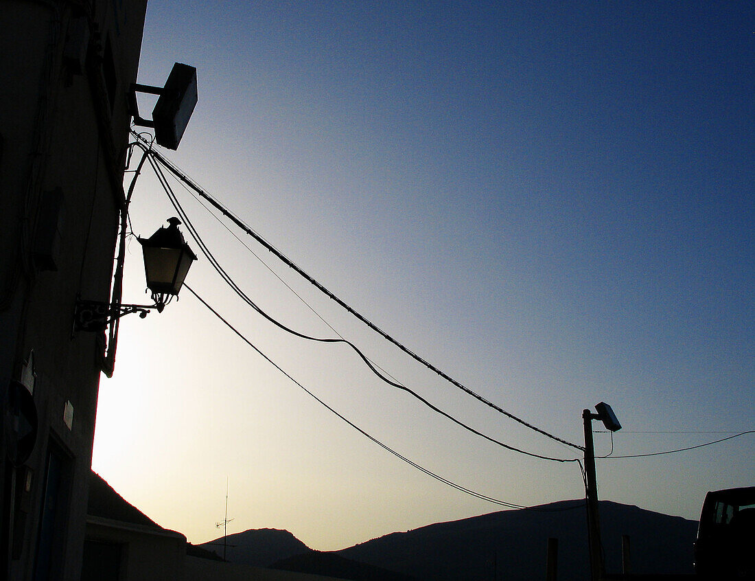 Power lines at sunset. Córdoba, Andalusia. Spain