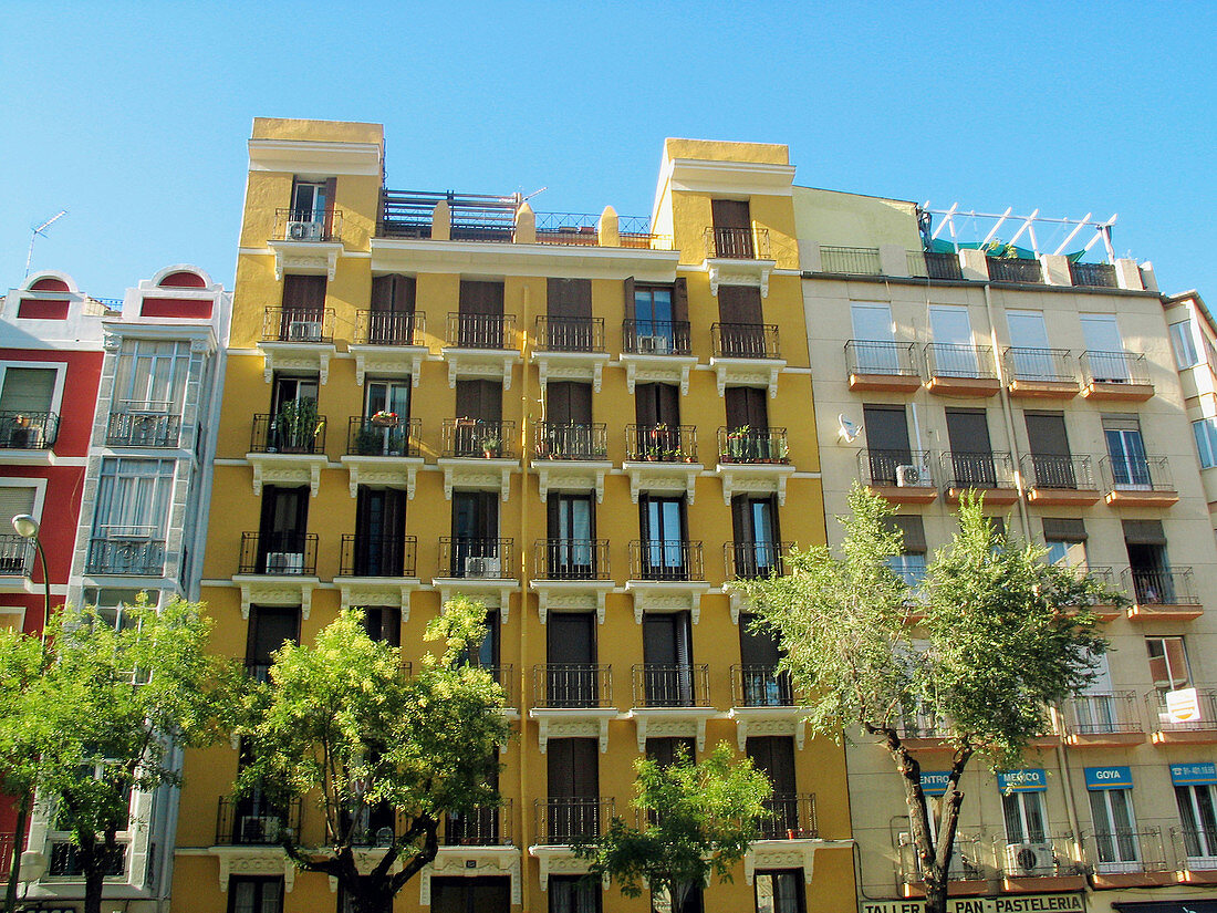 Façades in Goya Street, Madrid. Spain