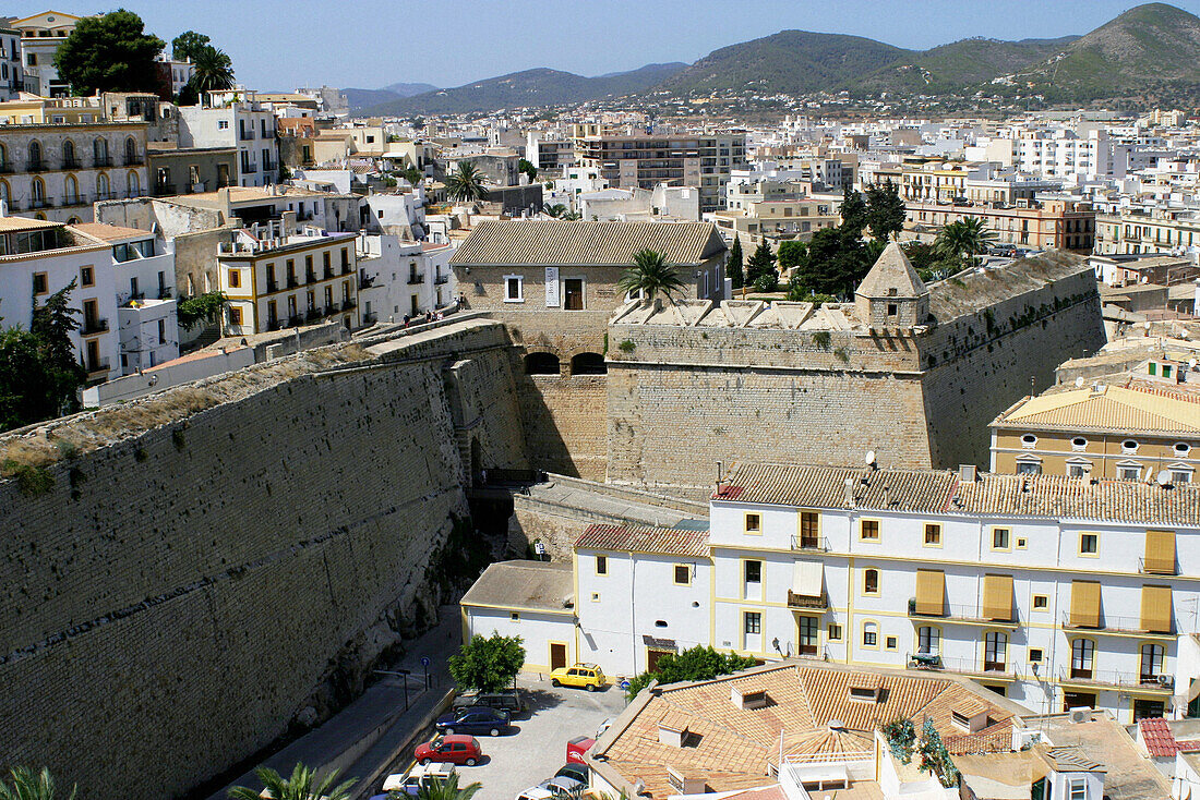 Bastion of Sant Joan in Dalt Vila and streets in Sa Penya districts. Ibiza, Balearic Islands. Spain