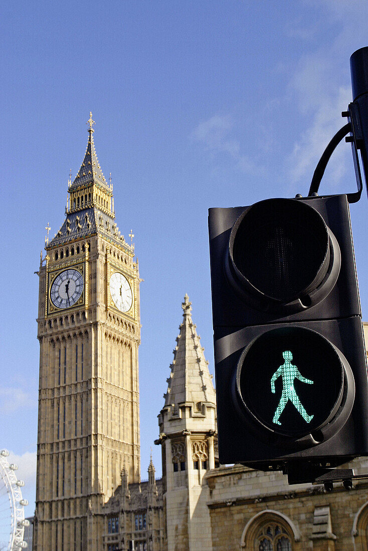 Big Ben and traffic lights. London. England