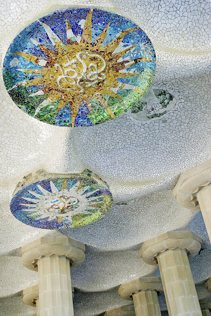 Mosaic decorations at Parc Güell by Gaudí. Barcelona. Spain