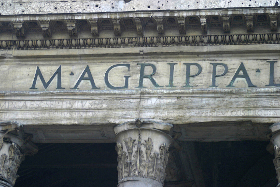 Detail of the inscription on the cornice of the Pantheon. Piazza della Rotonda. Rome. Italy