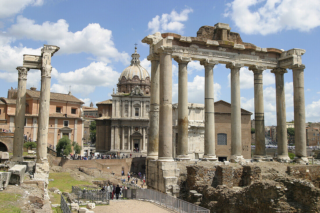The Forum, Settimo Severo arch, Concordia temple and Saturnos temple. Rome. Lazio. Italy