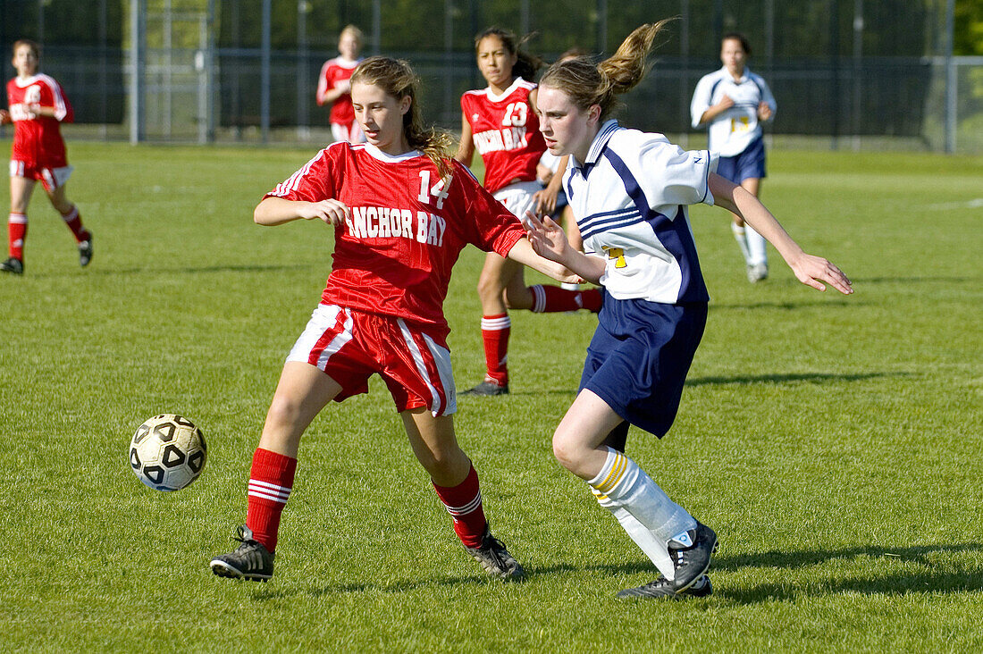 High School female soccer futbol football action. Port Huron. Michigan
