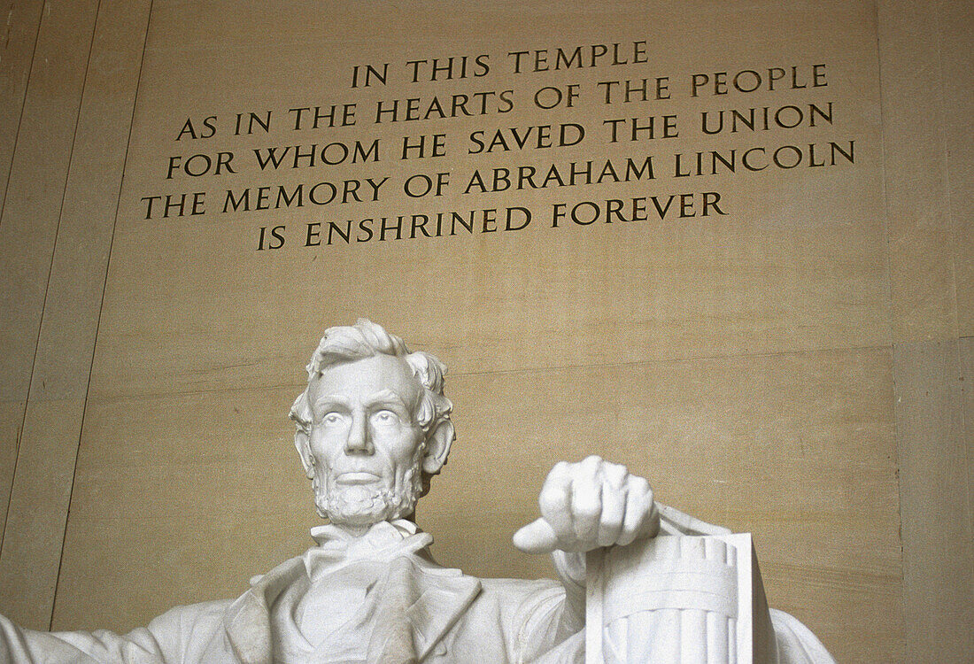 Bust and words on the wall of Lincoln Memorial. Washington D.C. USA