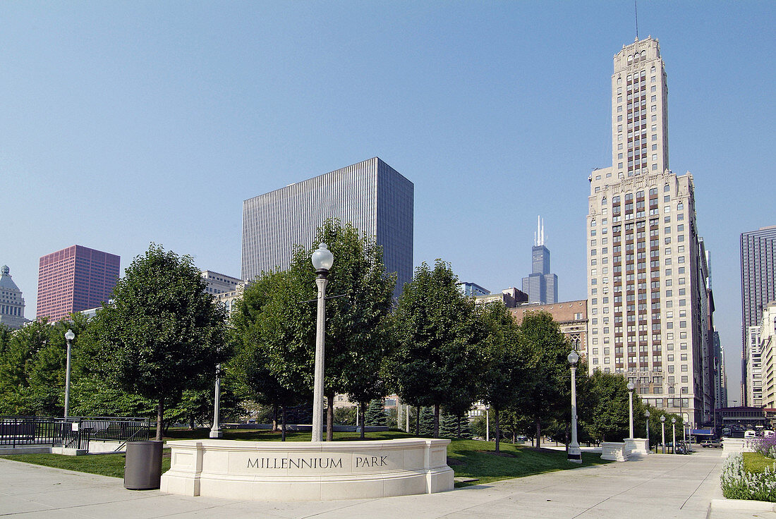 View of downtown Chicago from the heart of the city in Millennium Park. Chicago, Illinois. USA.