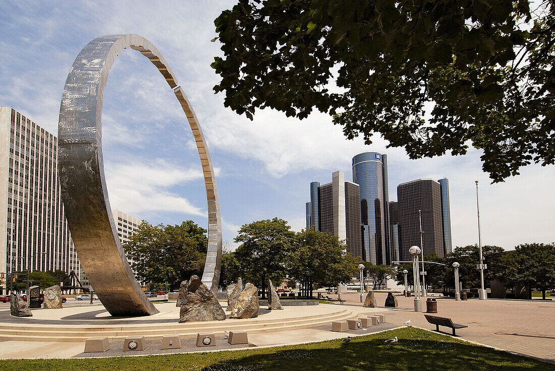 Renaissance Center and GM General Motors world headquarters. Downtown, Detroit (Michigan) as viewed from the Hart Plaza symbolizing Michigan s Labor Legacy Landmark