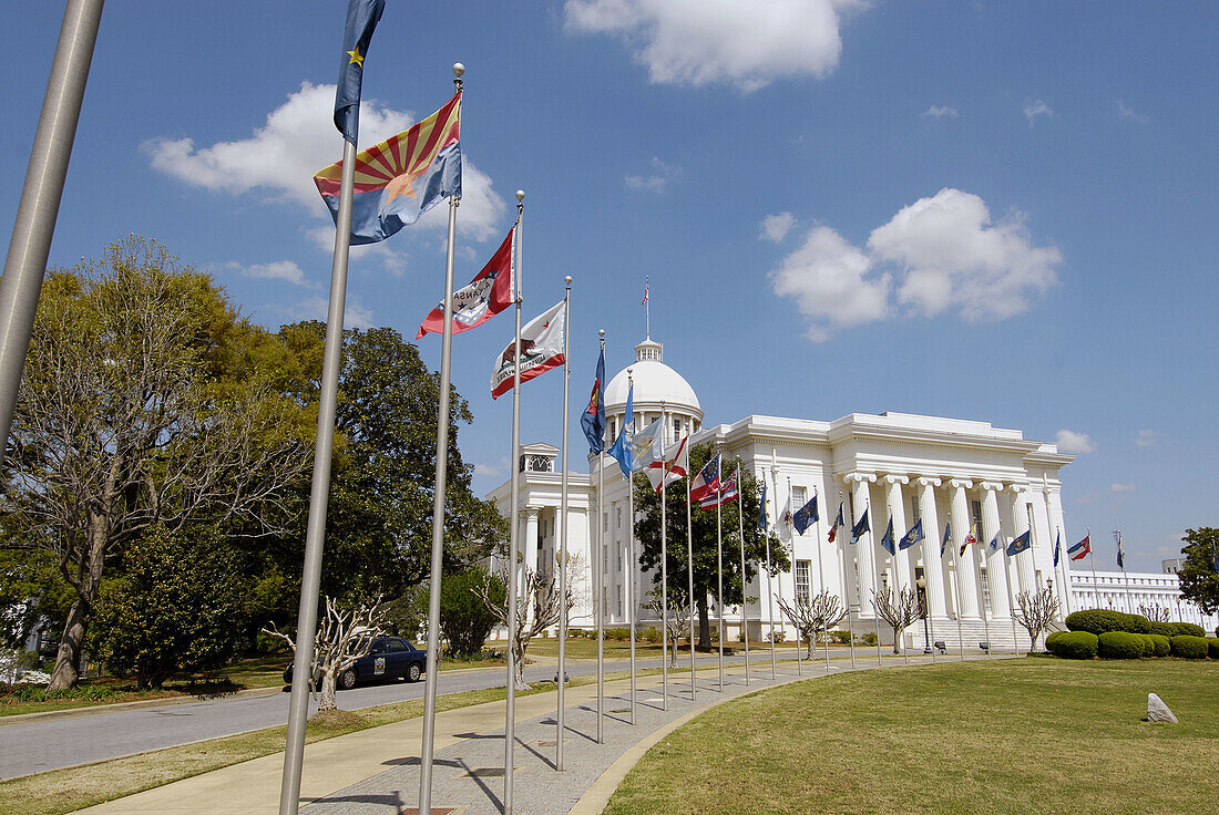 Official flags of the 50 different state on the mall of the Historic State Capitol building, Montgomery. Alabama, USA