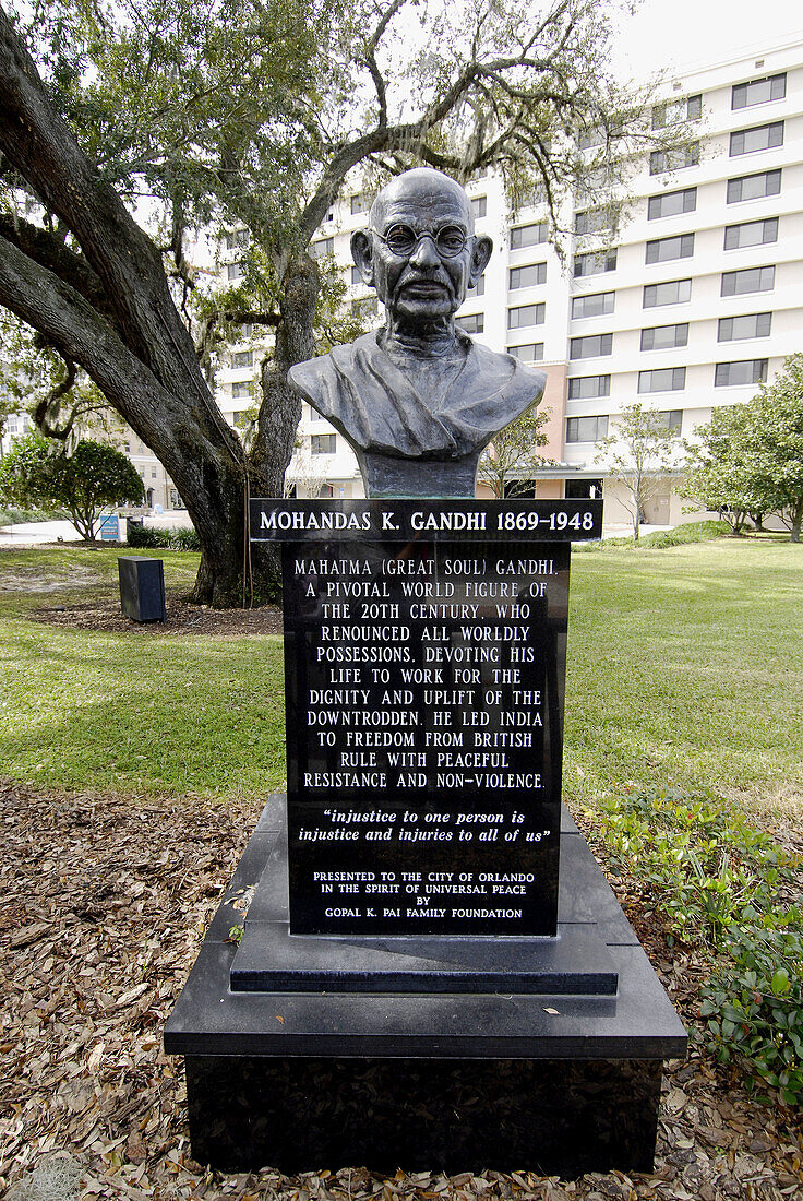 Statue Bust of Indian Mohandas Mahatma Gandi in Eola Park. Downtown Orlando. Florida. USA.