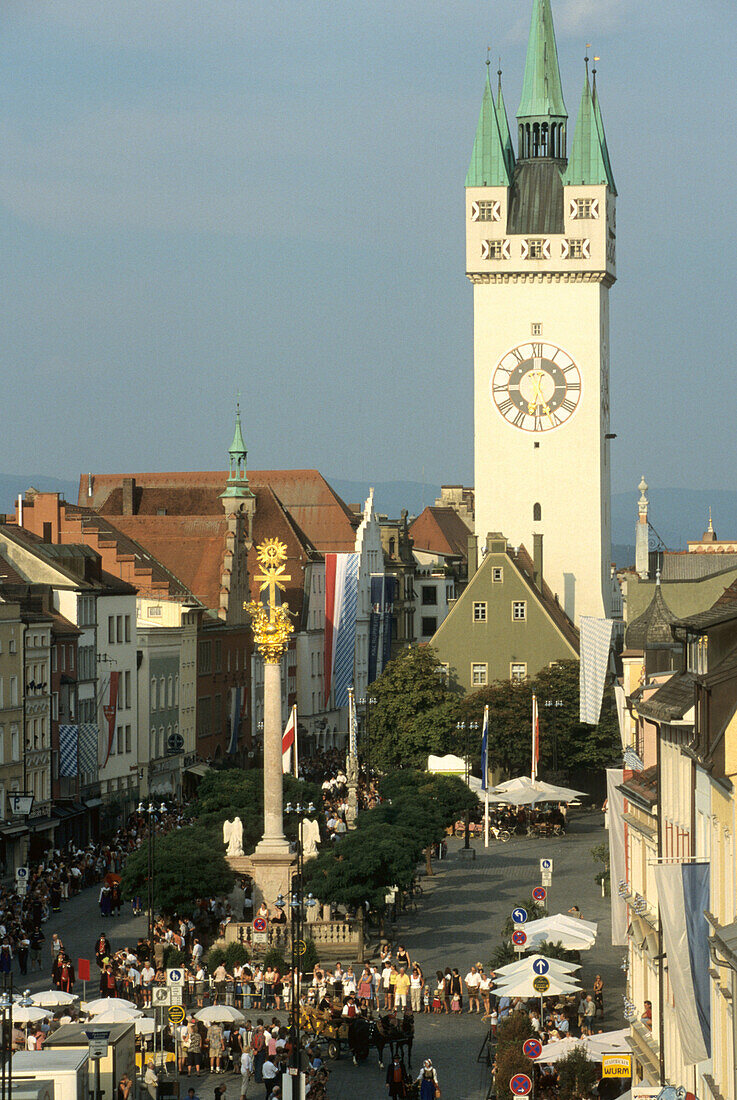 Town square with city tower, Straubing, Lower Bavaria, Germany