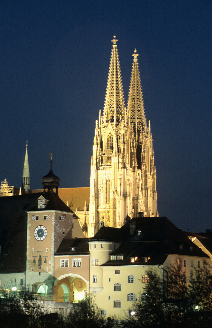Cathedral and Bridgtower at night, Regensburg, Bavaria, Germany