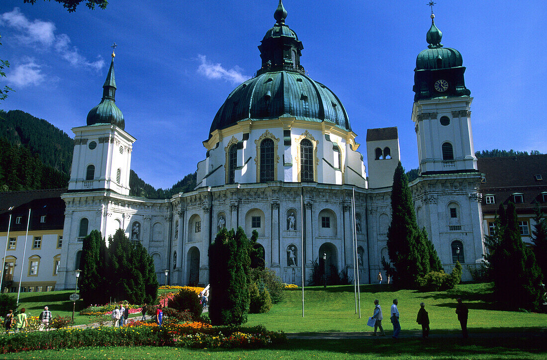 The Ettal Monastery under a bright blue sky, Bavaria, Germany