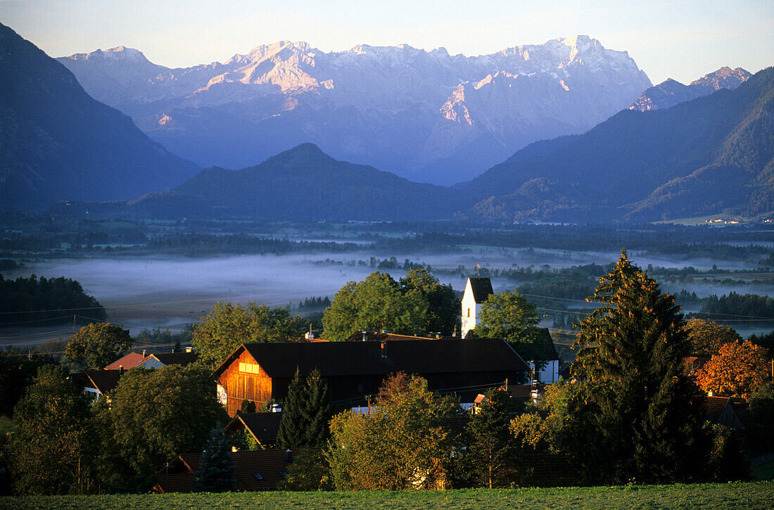 View over Murnauer Moos to Wetterstein Range with mount Zugspitze, Bavaria, Germany, Bavaria, Germany