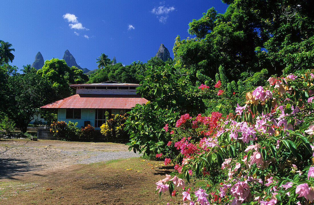 Ein Haus im Dorf Hakahetau umgeben von blühenden Büschen, Insel Ua Pou, Französisch Polynesien