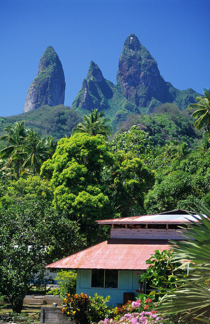 House in the village of Hakahetau on the island of Ua Pou, French Polynesia