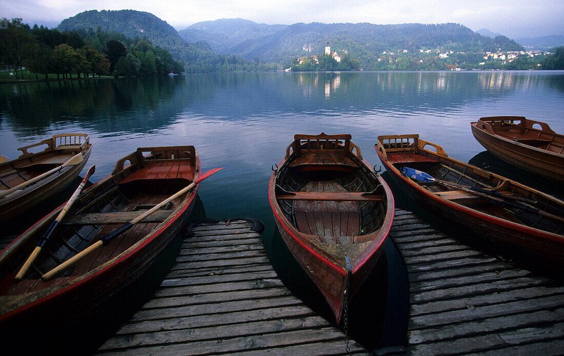 Lake Bled with the famous gondolas, Slovenia