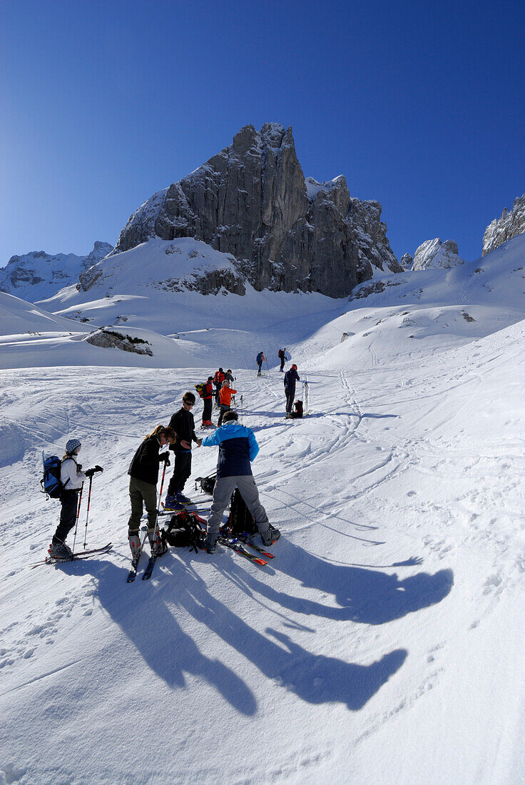 Group of backcountry skiers resting, Griesner Kar, Wilder Kaiser, Kaiser range, Tyrol, Austria