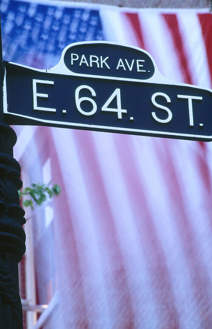 US flag on Park Avenue building. New York City, USA
