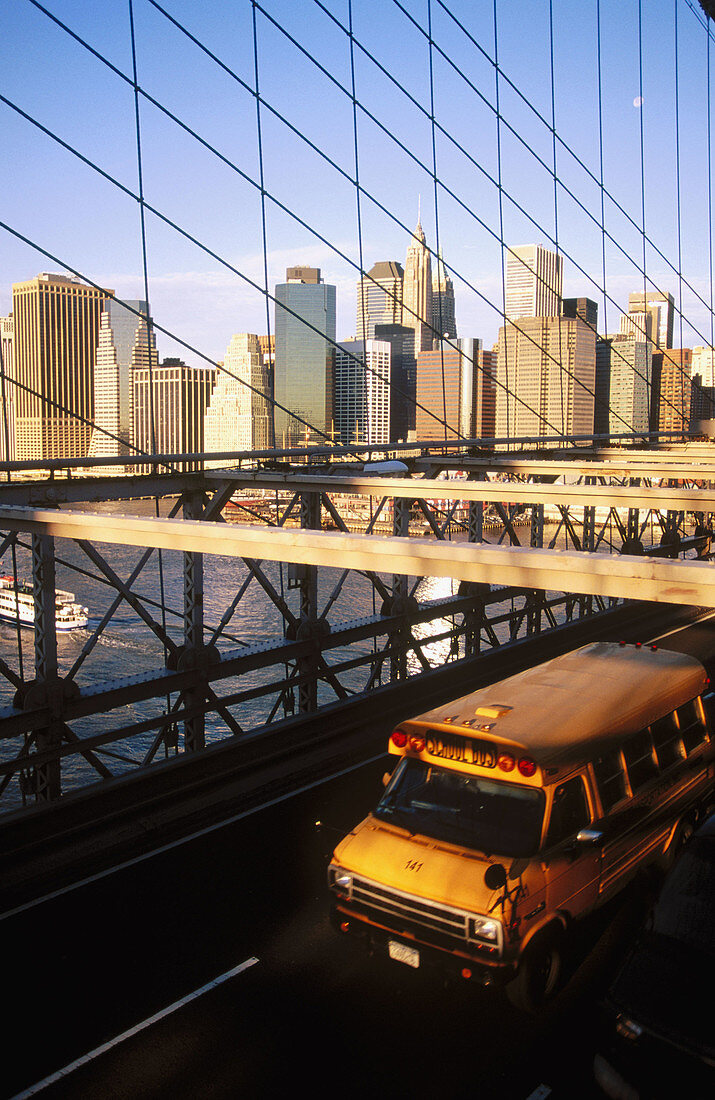 School bus on Brooklyn Bridge, New York City. USA