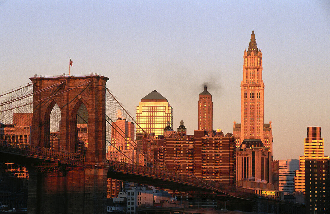 Brooklyn Bridge and Lower Manhattan skyline, New York City. USA