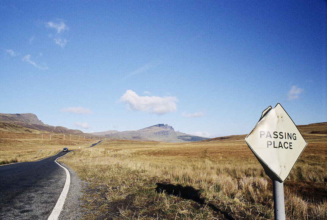 Passing place, Old Man of Storr in background. Skye Island. Scotland