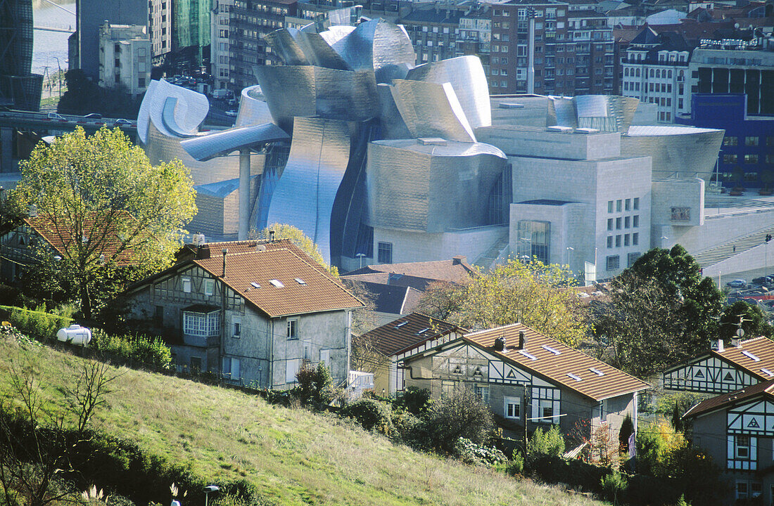 Guggenheim museum and rural houses in foreground. Bilbao. Basque country. Spain