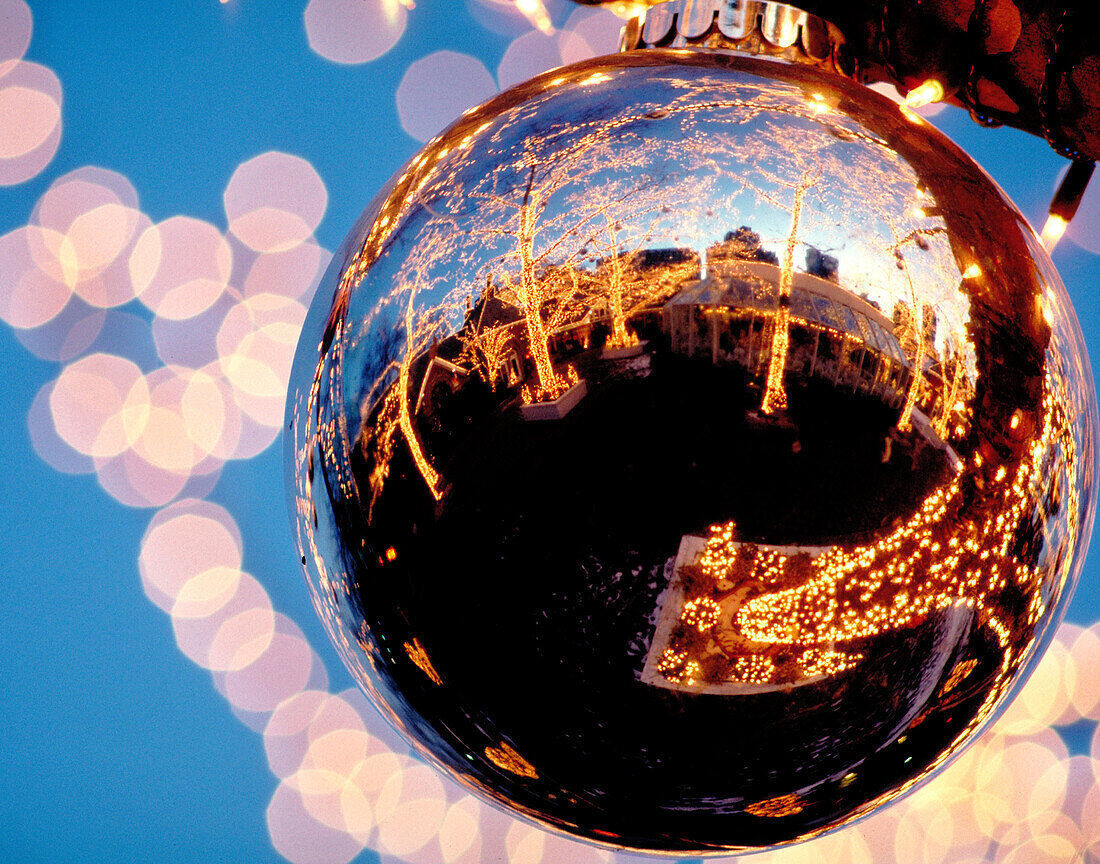Reflection of a tavern on the Green in a giant Christmas ball. New York city, New York. USA.