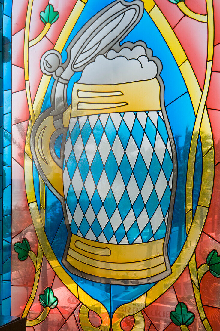Beer Mug Stained Glass Window, Mega Park Disco and Club, El Arenal, Playa de Palma, Mallorca, Balearic Islands, Spain