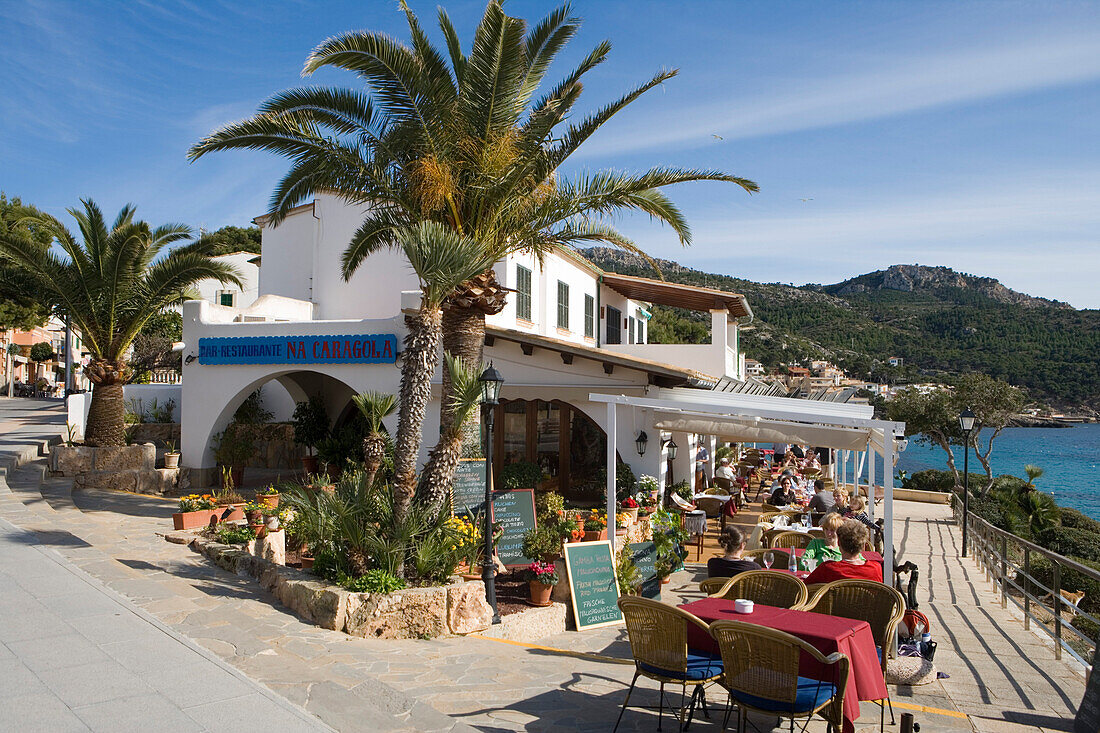 Terrasse des Na Caragola Restaurant, Sant Elm, Mallorca, Balearen, Spanien, Europa