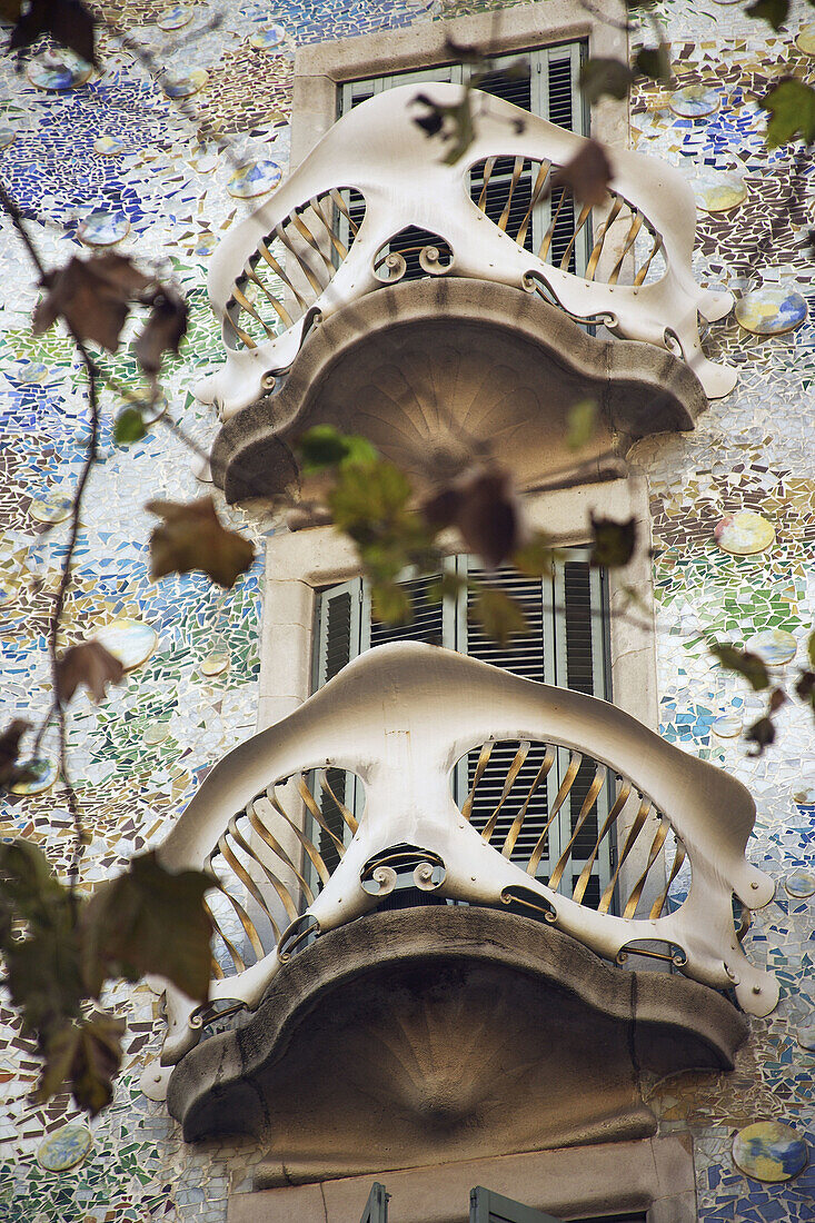 Detail of Casa Batlló -work of Antoni Gaudi- in Paseo de Gracia avenue, Barcelona, Spain