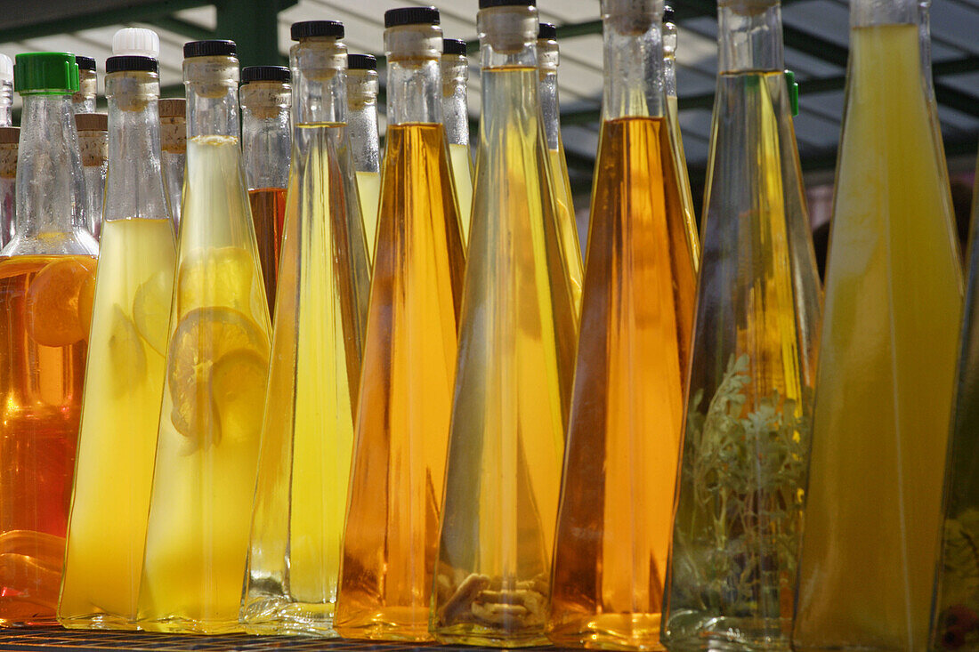 Local flavored liqueurs in the market. Rovinj. Istria. Croatia.