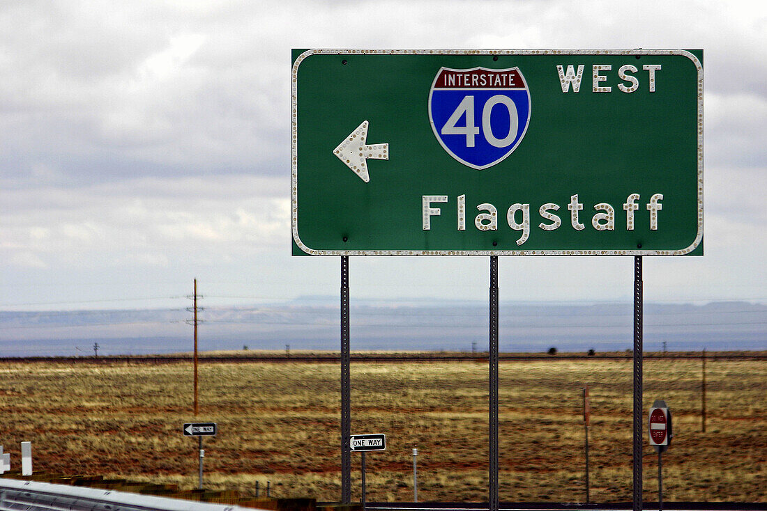 Flagstaff Highway 40 sign on side of road in Arizona. USA