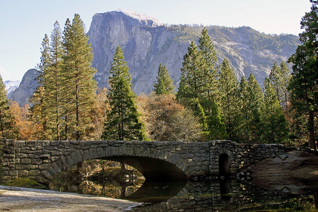 Sentinel Bridge and Half Dome in Yosemite National Park during late fall, early winter.
