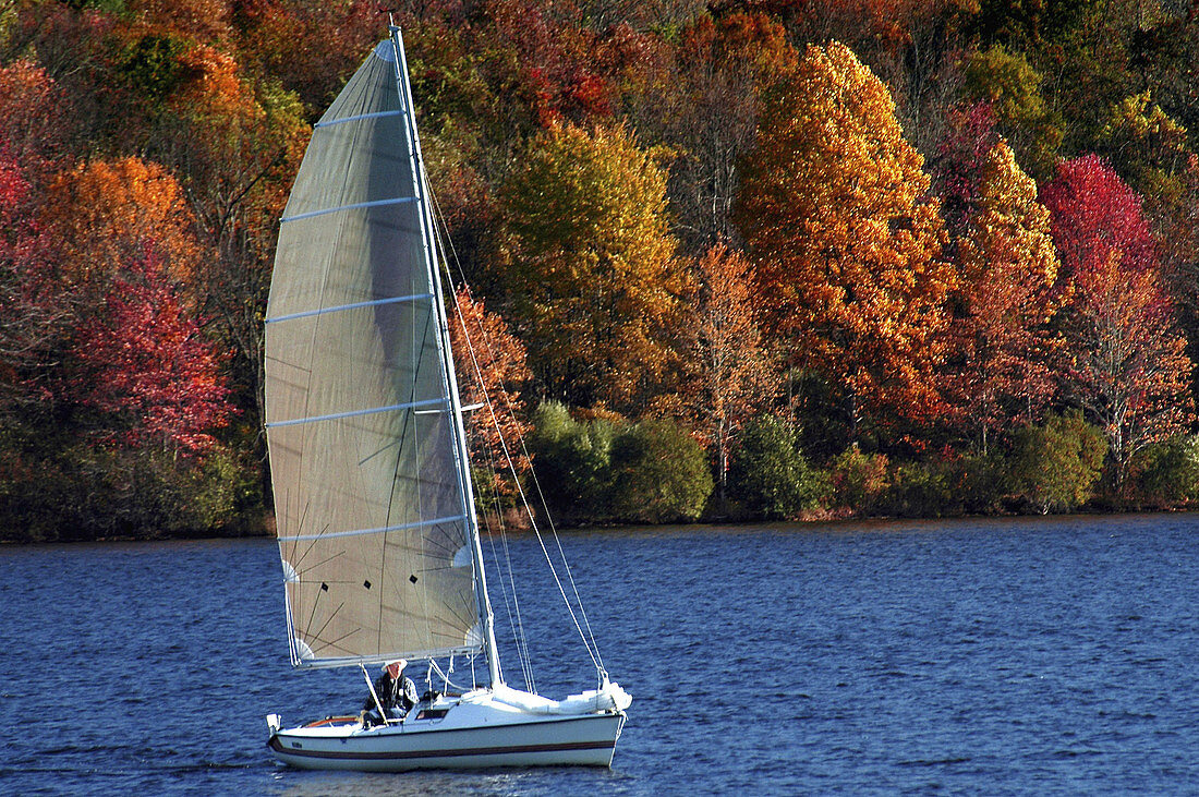A sailor takes to the lake in autumn splendor