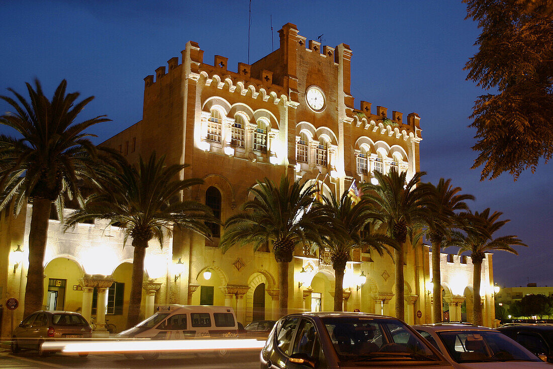 Town hall. Es born square (night view). Ciutadella. Menorca. Spain