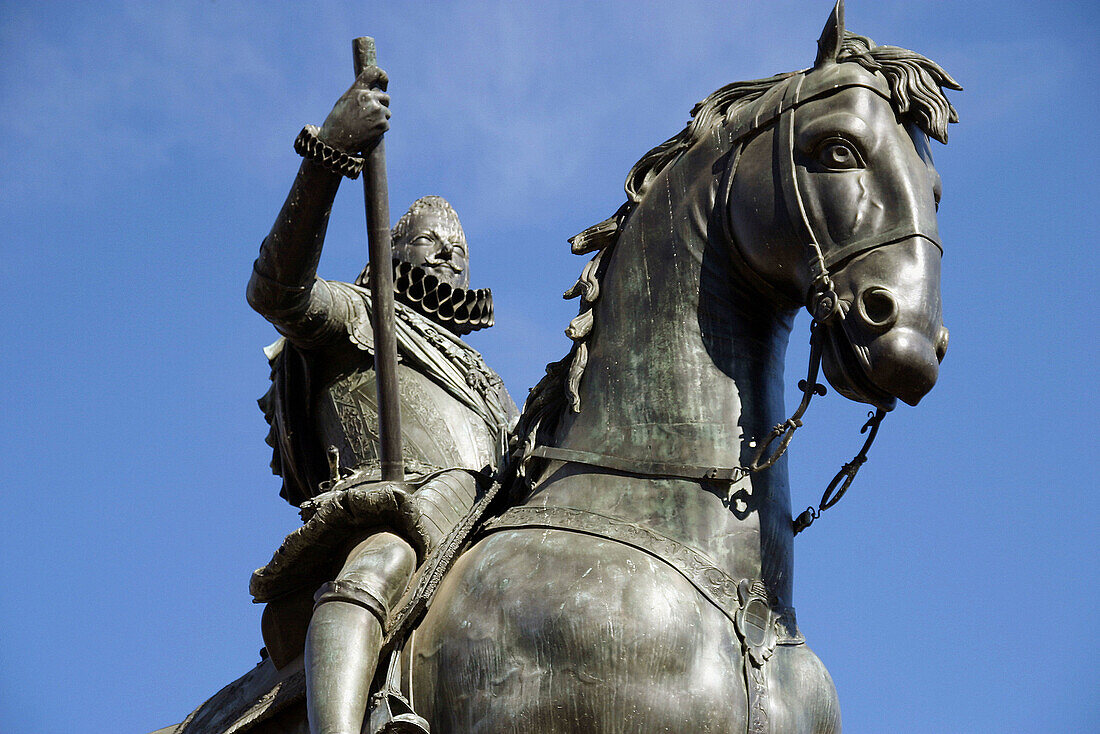 Felipe III statue at Plaza Mayor (Main square). Madrid. Spain.