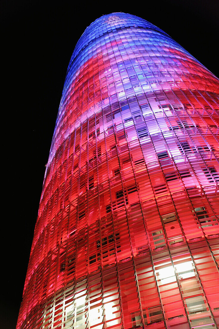 Agbar Tower by Jean Nouvel at night, Barcelona. Catalonia, Spain