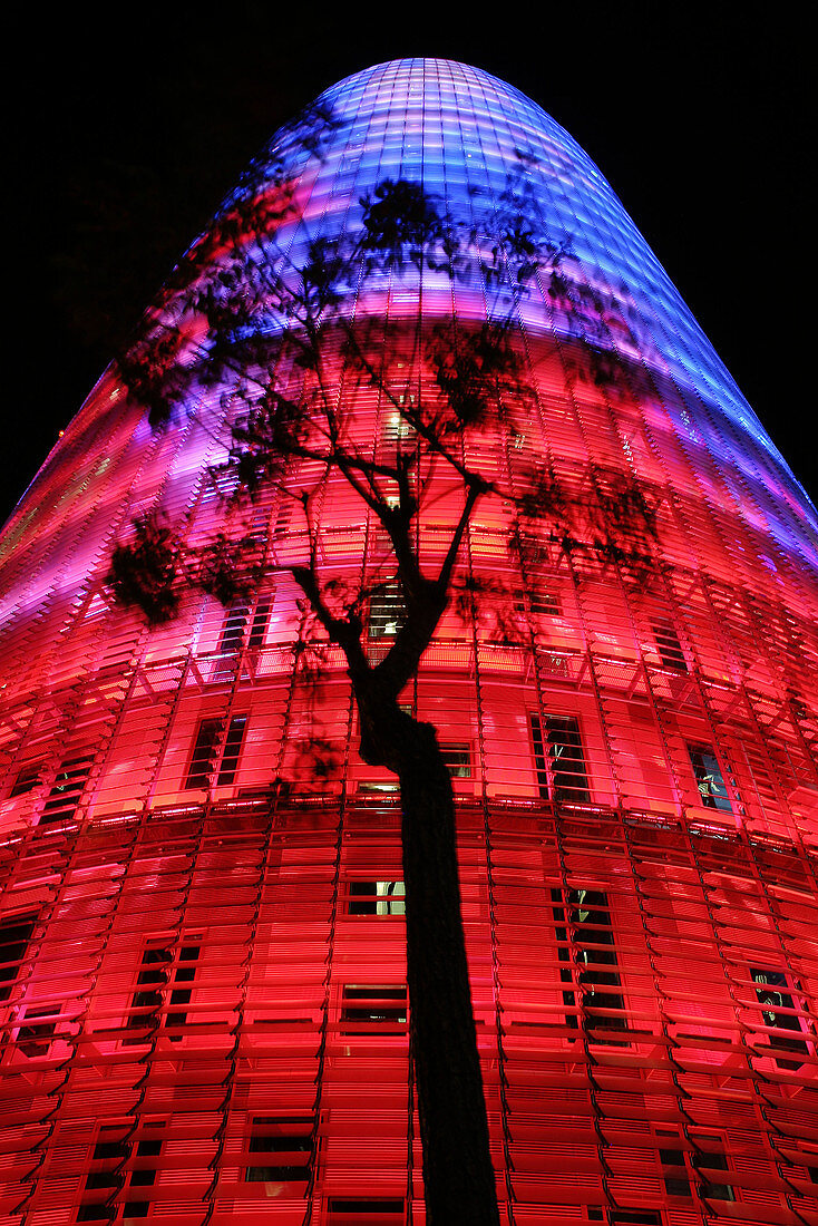 Agbar Tower by Jean Nouvel at night, Barcelona. Catalonia, Spain