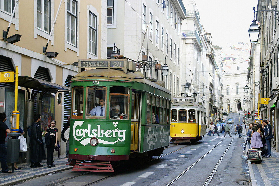 Trams at Rua da Conceição, Lisbon. Portugal