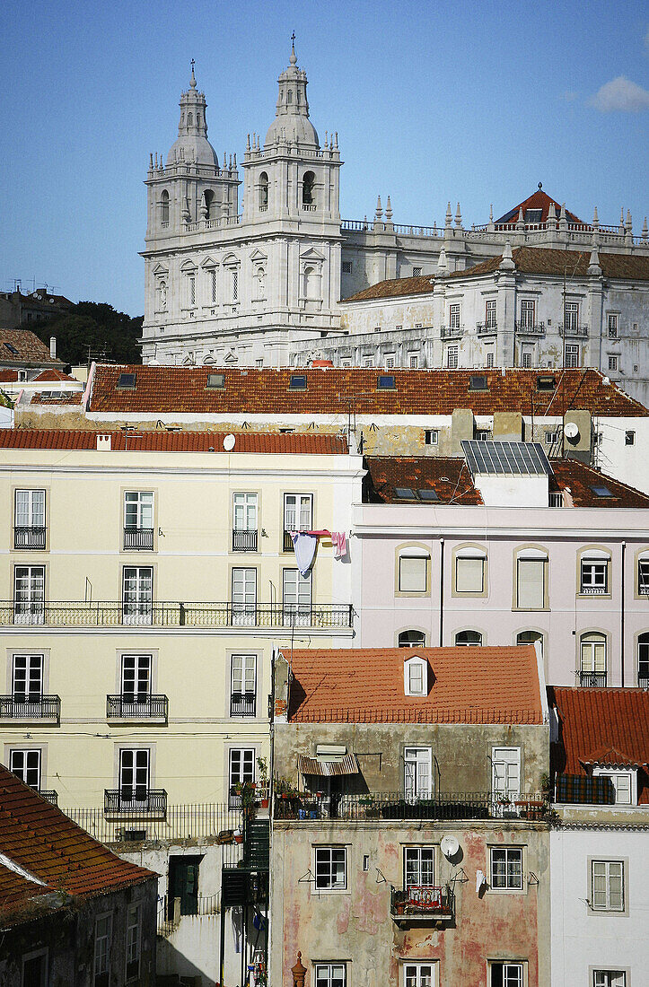 Church of Nossa Senhora da Graça, view on Alfama district from Miradouro Santa Luzia, Lisbon. Portugal