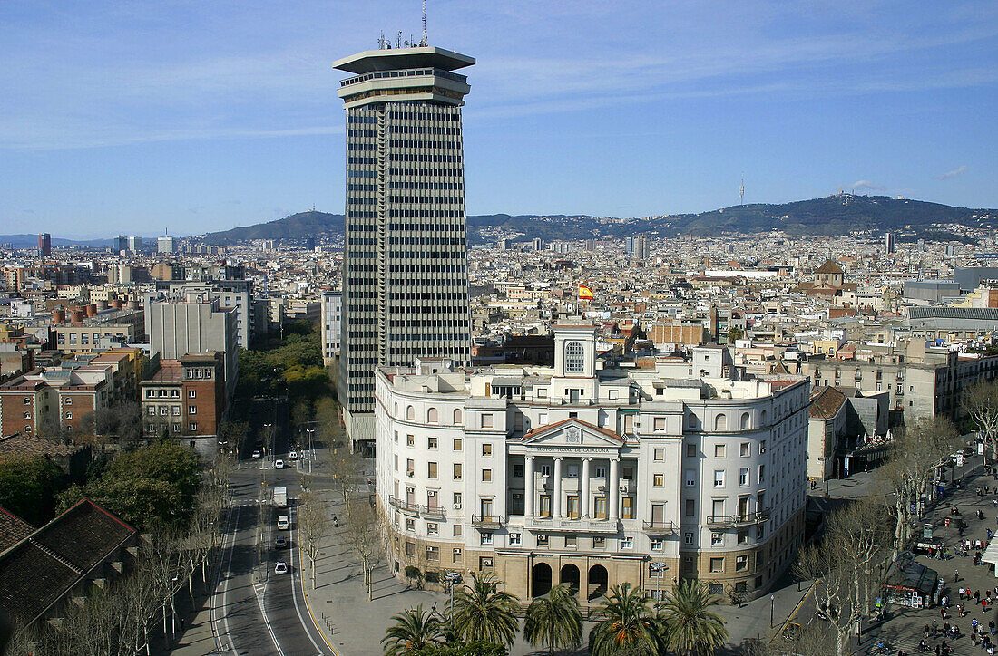 Corner of Les Rambles with Avinguda de les Drassanes. Aerial view. Barcelona.Catalonia. Spain.