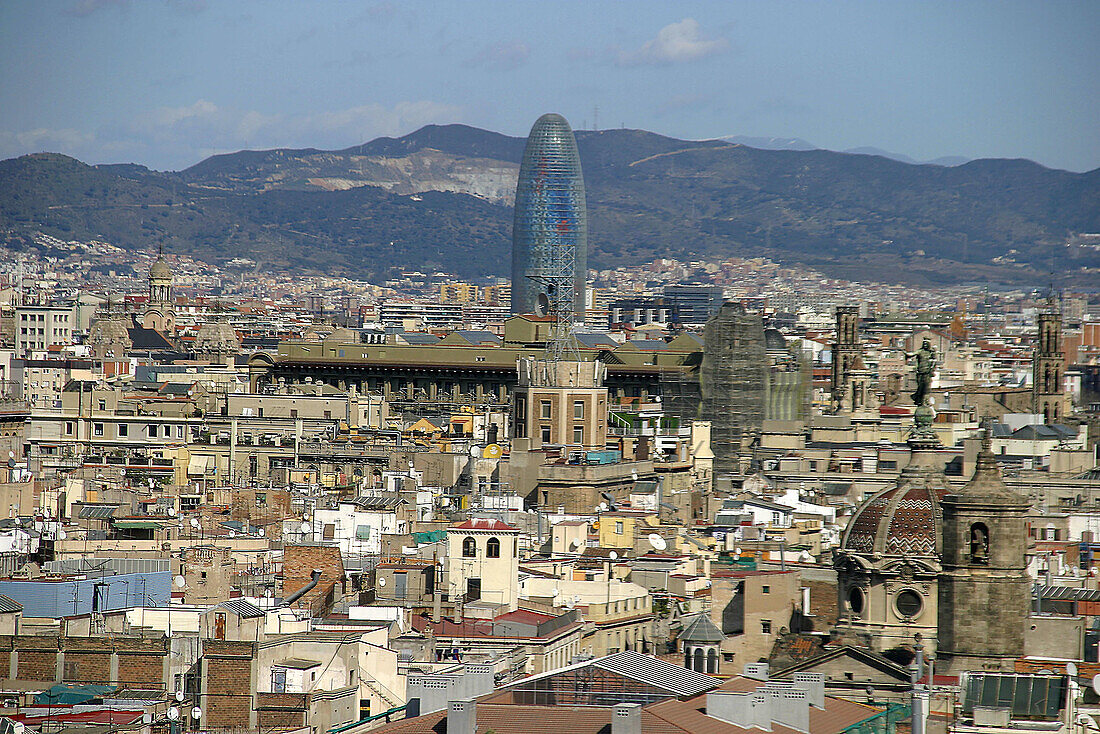 Aerial view of Barcelona. Agbar Tower in background. Catalonia. Spain.