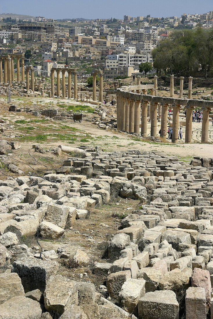 Oval forum and Cardo Maximus, archaeological site of Jerash. Jordan