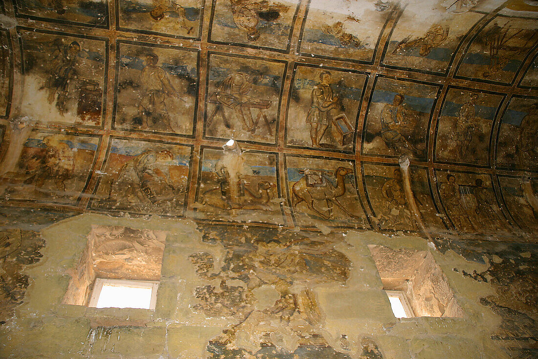 Frescoes. Qasr Amra, old bathhouse and lodge in the desert. Desert castle. Jordan.