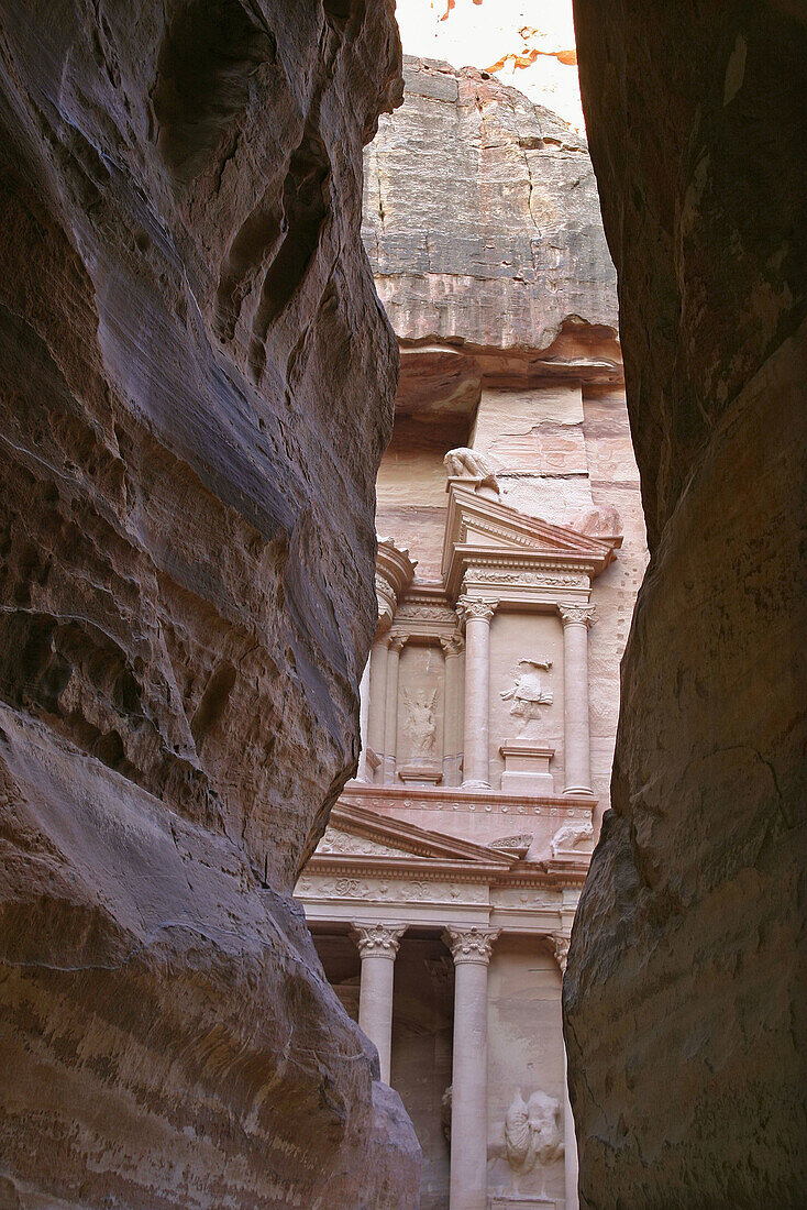 Façade of the Khasneh (Treasury) from Siq at Petra. Jordan
